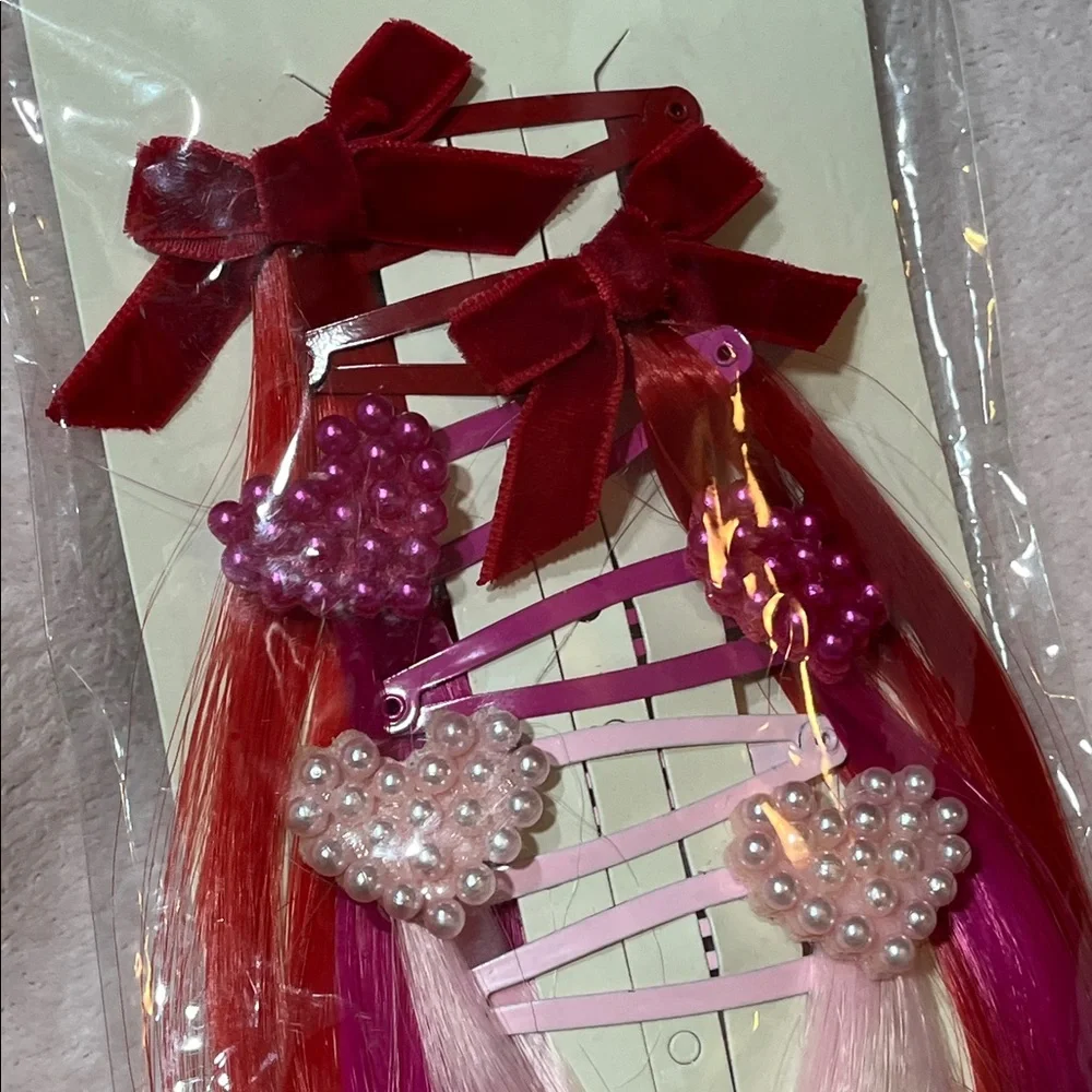 💘 Hair Extensions- Cat & Jack Valentine Faux Hair Clip-Ins + Heart Clips | NWT